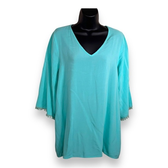 MEDIUM MINT BLUE TUNIC TOP VNECK DANGLE ACCENT BOHO BOHEMIAN ROSE DE PARIS - Picture 1 of 13